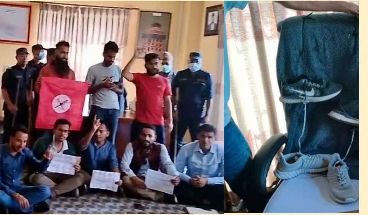 उपकुलपतिको कुर्सीमा विद्यार्थीहरुले लगाए जुत्ताको माला।